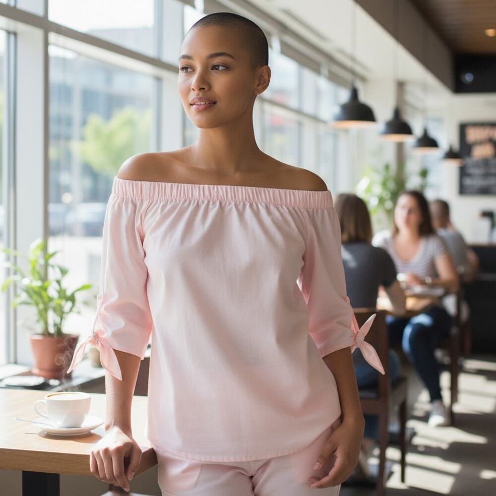 Free‎ People Bohemian Off Shoulder Pink Top Sz SM Adjustable Tie Cuffs